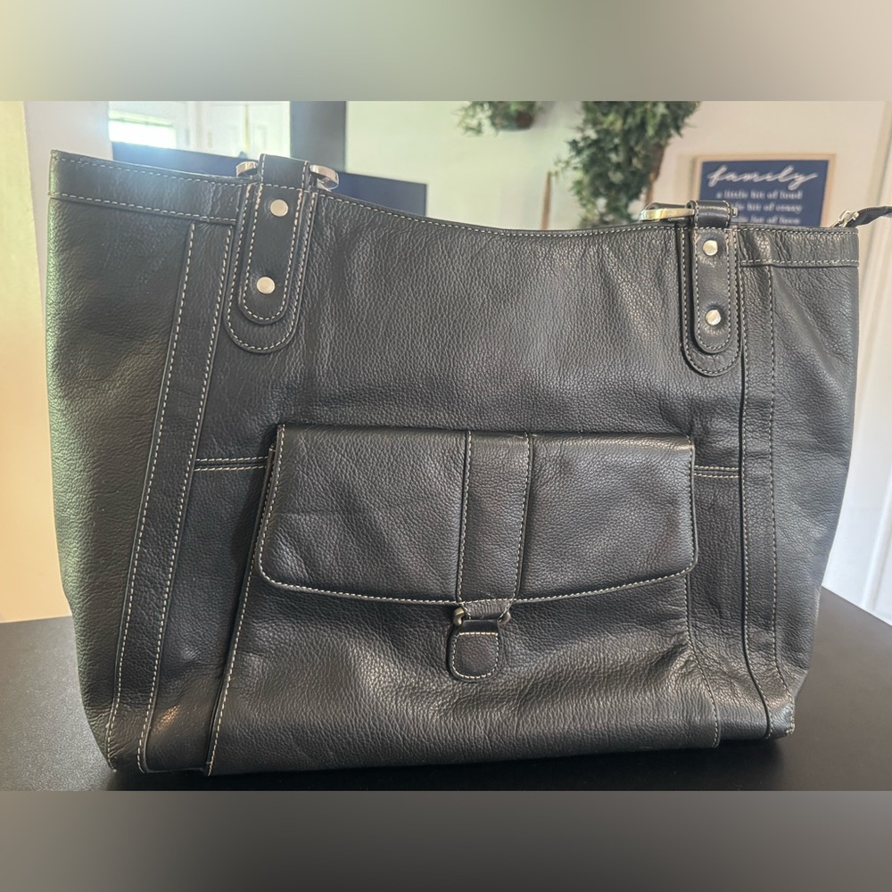 Black Leather Tote Bag with Front Pocket